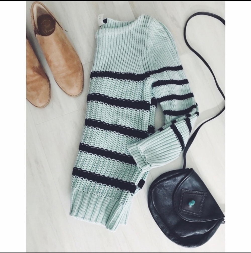 J. Crew 100% Cotton Chunky Knit Sweater Top Mint Navy Stripes Scoop Neck XS 😍